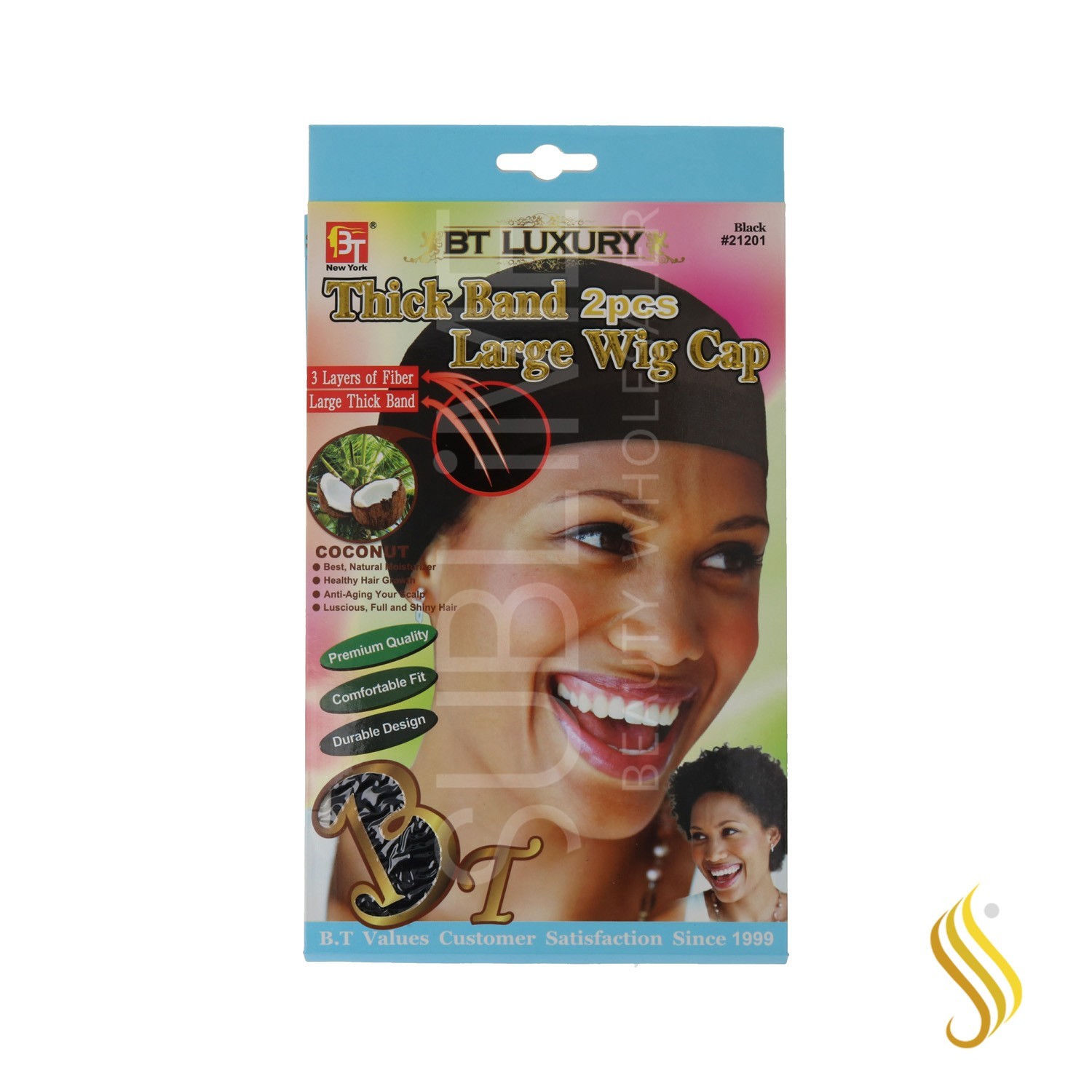 Beauty Town Luxury Coconut Wig Cap Thick Band Large 2 Pièces Noir (21201)